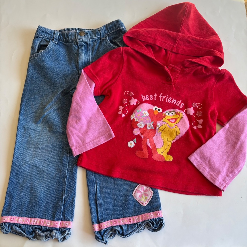 VTG Sesame Street Elmo Zoe Toddler Girls Red Hoodie and Ruffle Denim Jeans 3T